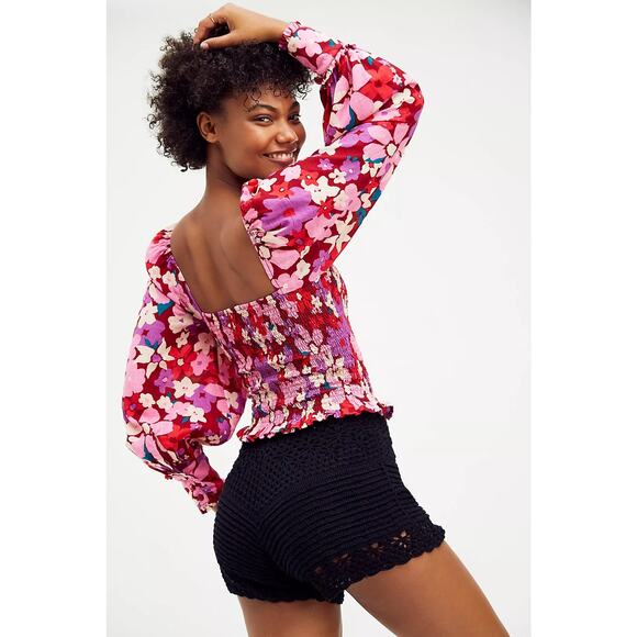 Free People Tops - NWT Free People Ariana Pink Floral Cotton Smocked Crop Long Sleeve Top Small